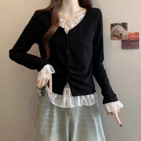 FA46772# 大码秋冬新款胖MM蕾丝拼接假两件设计感不规则遮肉显瘦上衣女 服裝批發女裝批發服飾貨源