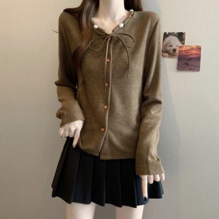 FA46773# 大码秋冬新款胖MM圆领串珠系带蝴蝶结设计感甜美遮肉显瘦上衣 服裝批發女裝批發服飾貨源