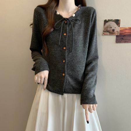 FA46773# 大码秋冬新款胖MM圆领串珠系带蝴蝶结设计感甜美遮肉显瘦上衣 服裝批發女裝批發服飾貨源