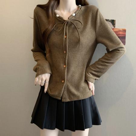 FA46773# 大码秋冬新款胖MM圆领串珠系带蝴蝶结设计感甜美遮肉显瘦上衣 服裝批發女裝批發服飾貨源