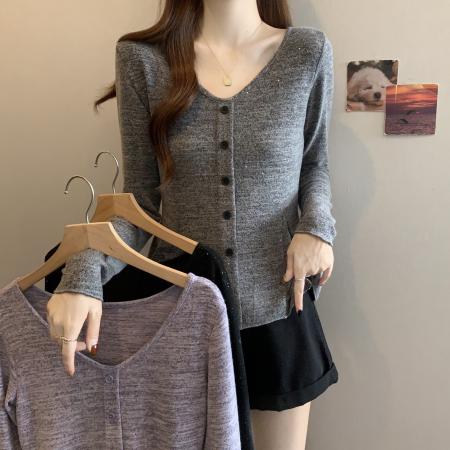 FA46775# 大码秋季新款胖MM不规则设计感V领收腰显瘦百搭长袖针织衫女 服裝批發女裝批發服飾貨源