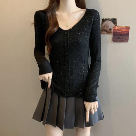 FA46775# 大码秋季新款胖MM不规则设计感V领收腰显瘦百搭长袖针织衫女 服裝批發女裝批發服飾貨源
