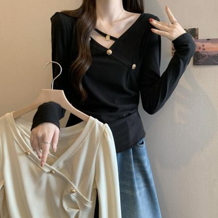 FA46776# 大码女装秋款胖mm遮肉长袖t恤不规则正肩上衣收腰显瘦别致打底衫 服裝批發女裝批發服飾貨源