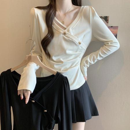 FA46776# 大码女装秋款胖mm遮肉长袖t恤不规则正肩上衣收腰显瘦别致打底衫 服裝批發女裝批發服飾貨源