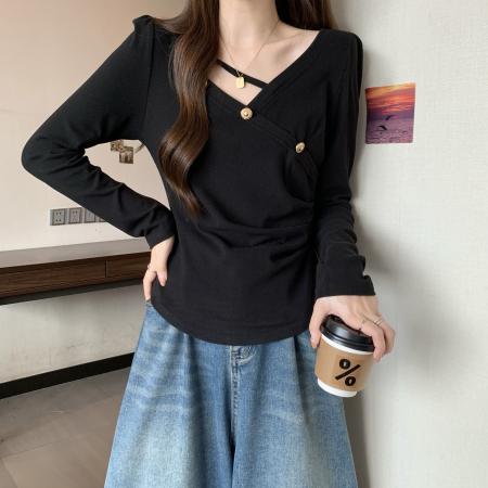 FA46776# 大码女装秋款胖mm遮肉长袖t恤不规则正肩上衣收腰显瘦别致打底衫 服裝批發女裝批發服飾貨源