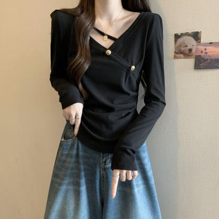 FA46776# 大码女装秋款胖mm遮肉长袖t恤不规则正肩上衣收腰显瘦别致打底衫 服裝批發女裝批發服飾貨源