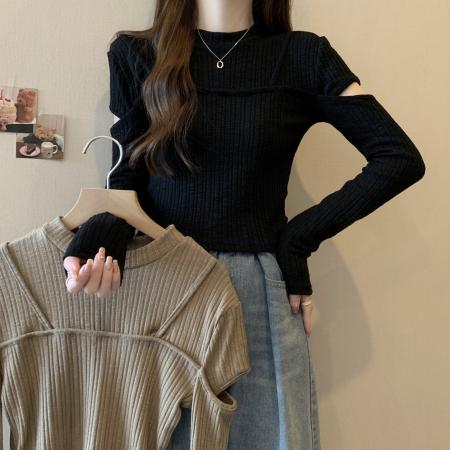 FA46778# 大码镂空针织打底衫新款女秋冬胖mm修身洋气内搭褶皱短款上衣 服裝批發女裝批發服飾貨源