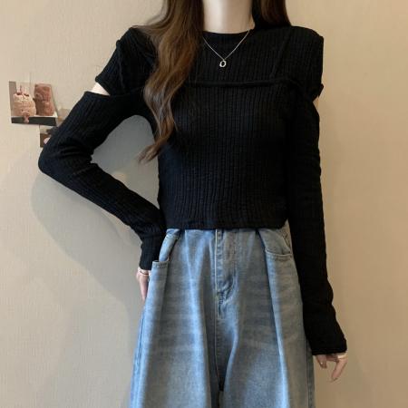 FA46778# 大码镂空针织打底衫新款女秋冬胖mm修身洋气内搭褶皱短款上衣 服裝批發女裝批發服飾貨源