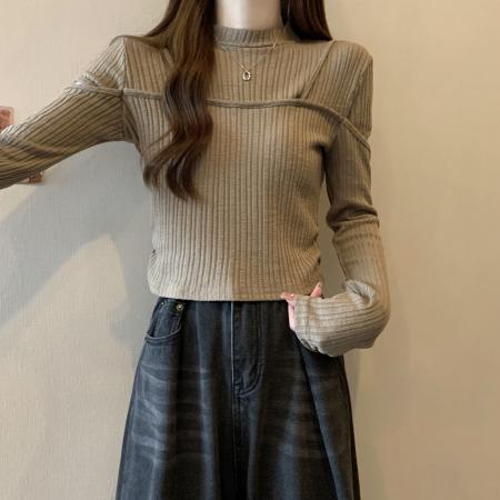 FA46778# 大码镂空针织打底衫新款女秋冬胖mm修身洋气内搭褶皱短款上衣 服裝批發女裝批發服飾貨源