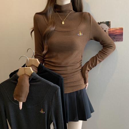 FA46779# 大码秋季新款胖MM韩版气质半高领刺绣褶皱修身显瘦百搭打底衫 服裝批發女裝批發服飾貨源