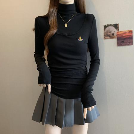 FA46779# 大码秋季新款胖MM韩版气质半高领刺绣褶皱修身显瘦百搭打底衫 服裝批發女裝批發服飾貨源