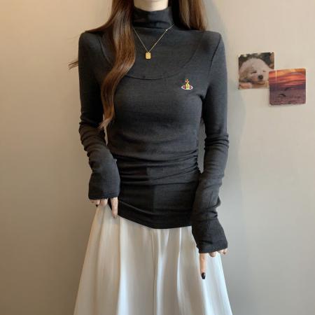 FA46779# 大码秋季新款胖MM韩版气质半高领刺绣褶皱修身显瘦百搭打底衫 服裝批發女裝批發服飾貨源