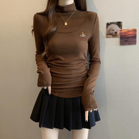 FA46779# 大码秋季新款胖MM韩版气质半高领刺绣褶皱修身显瘦百搭打底衫 服裝批發女裝批發服飾貨源