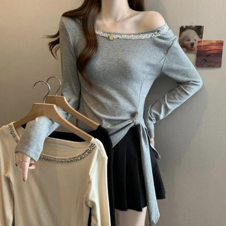 FA46780# 大码胖mm秋季新款纯欲不规则长袖T恤女修身显瘦打底独特上衣 服裝批發女裝批發服飾貨源