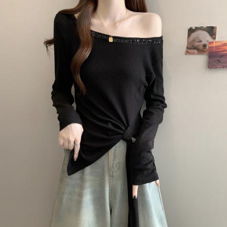 FA46780# 大码胖mm秋季新款纯欲不规则长袖T恤女修身显瘦打底独特上衣 服裝批發女裝批發服飾貨源