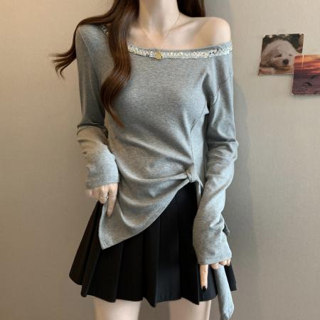 FA46780# 大码胖mm秋季新款纯欲不规则长袖T恤女修身显瘦打底独特上衣 服裝批發女裝批發服飾貨源