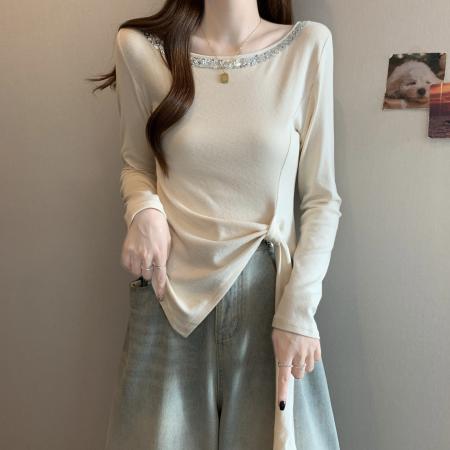 FA46780# 大码胖mm秋季新款纯欲不规则长袖T恤女修身显瘦打底独特上衣 服裝批發女裝批發服飾貨源