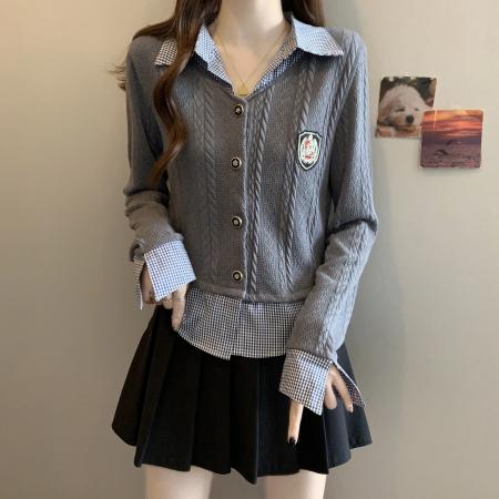 FA46781# 秋季新款胖MM学院风格子POLO领拼接假两件别致修身显瘦针织衫 服裝批發女裝批發服飾貨源