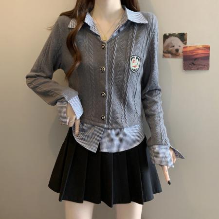 FA46781# 秋季新款胖MM学院风格子POLO领拼接假两件别致修身显瘦针织衫 服裝批發女裝批發服飾貨源