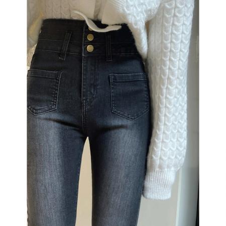 FA46783# 梨形身材高腰牛仔裤女春秋大码小个子胖妹妹遮胯显瘦微喇拖地裤子 服裝批發女裝批發服飾貨源