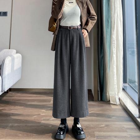 FA46786# 新款灰色毛呢阔腿裤子女胖mm大码显瘦小个子梨型身材高腰秋冬 服裝批發女裝批發服飾貨源