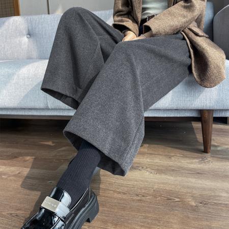 FA46786# 新款灰色毛呢阔腿裤子女胖mm大码显瘦小个子梨型身材高腰秋冬 服裝批發女裝批發服飾貨源