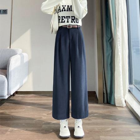 FA46786# 新款灰色毛呢阔腿裤子女胖mm大码显瘦小个子梨型身材高腰秋冬 服裝批發女裝批發服飾貨源