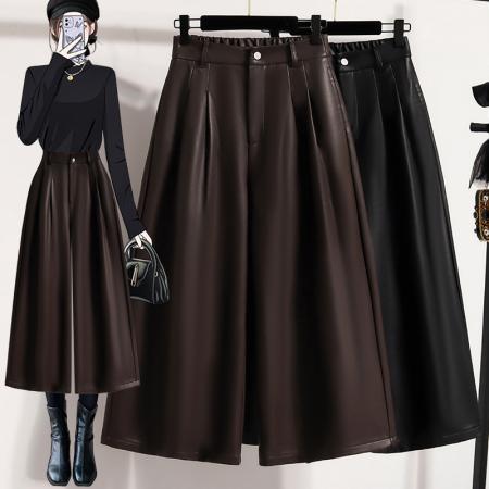 FA46790# 大码黑色皮裤女冬季宽松休闲七分直筒阔腿裤八分老钱风裤子 服裝批發女裝批發服飾貨源