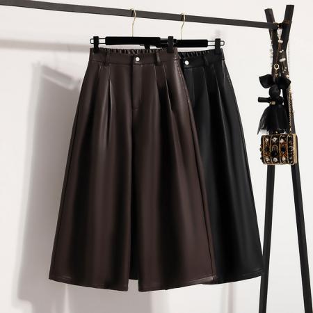 FA46790# 大码黑色皮裤女冬季宽松休闲七分直筒阔腿裤八分老钱风裤子 服裝批發女裝批發服飾貨源