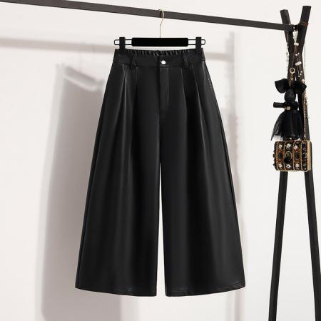 FA46790# 大码黑色皮裤女冬季宽松休闲七分直筒阔腿裤八分老钱风裤子 服裝批發女裝批發服飾貨源