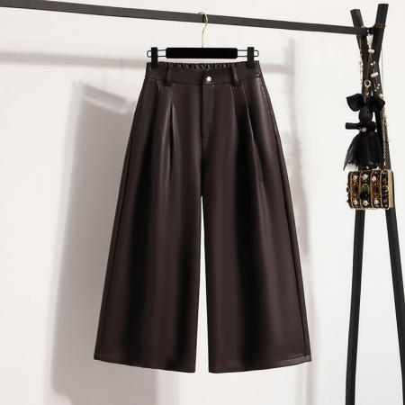 FA46790# 大码黑色皮裤女冬季宽松休闲七分直筒阔腿裤八分老钱风裤子 服裝批發女裝批發服飾貨源