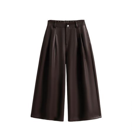 FA46790# 大码黑色皮裤女冬季宽松休闲七分直筒阔腿裤八分老钱风裤子 服裝批發女裝批發服飾貨源