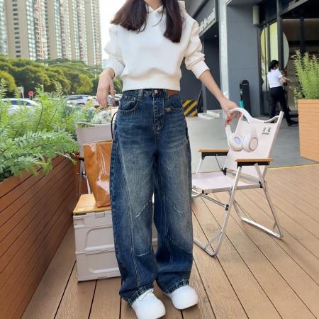 FA46799# 大码加绒牛仔裤女秋冬季新款加厚直筒阔腿裤胖mm显瘦弯刀裤子 服裝批發女裝批發服飾貨源