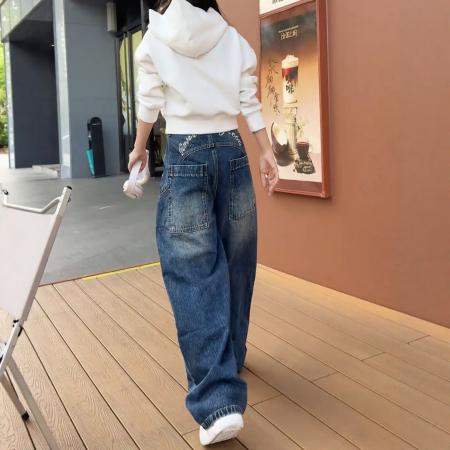 FA46799# 大码加绒牛仔裤女秋冬季新款加厚直筒阔腿裤胖mm显瘦弯刀裤子 服裝批發女裝批發服飾貨源