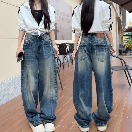 FA46800# 大码弯刀阔腿牛仔裤女秋冬新款高腰胖mm显瘦美式复古直筒裤子 服裝批發女裝批發服飾貨源