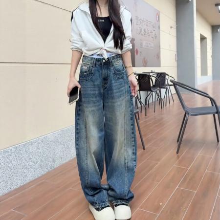 FA46800# 大码弯刀阔腿牛仔裤女秋冬新款高腰胖mm显瘦美式复古直筒裤子 服裝批發女裝批發服飾貨源