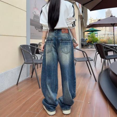 FA46800# 大码弯刀阔腿牛仔裤女秋冬新款高腰胖mm显瘦美式复古直筒裤子 服裝批發女裝批發服飾貨源