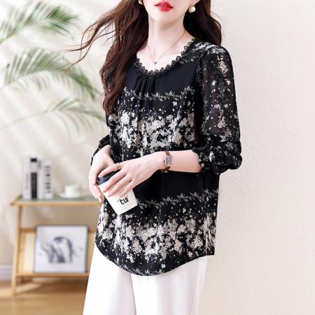 FA46801# 大码女装气质衬衫女春秋新款胖MM花边蕾丝印花遮肚显瘦上衣 服裝批發女裝批發服飾貨源