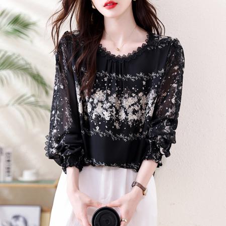 FA46801# 大码女装气质衬衫女春秋新款胖MM花边蕾丝印花遮肚显瘦上衣 服裝批發女裝批發服飾貨源