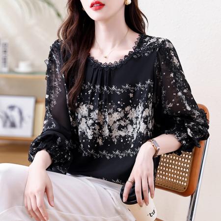 FA46801# 大码女装气质衬衫女春秋新款胖MM花边蕾丝印花遮肚显瘦上衣 服裝批發女裝批發服飾貨源