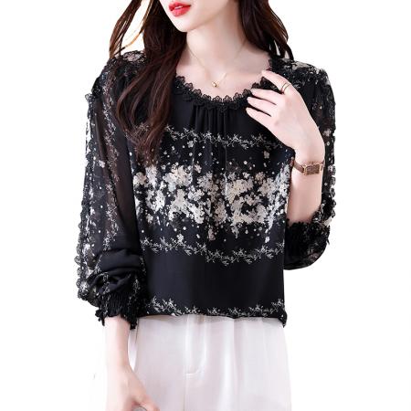 FA46801# 大码女装气质衬衫女春秋新款胖MM花边蕾丝印花遮肚显瘦上衣 服裝批發女裝批發服飾貨源