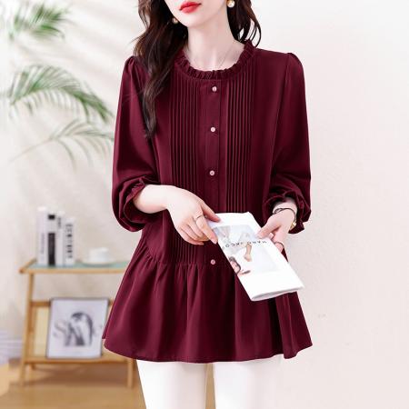 FA46802# 大码女装秋季新款胖MM复古木耳边加肥加大减龄遮肚子长袖上衣 服裝批發女裝批發服飾貨源