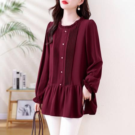 FA46802# 大码女装秋季新款胖MM复古木耳边加肥加大减龄遮肚子长袖上衣 服裝批發女裝批發服飾貨源