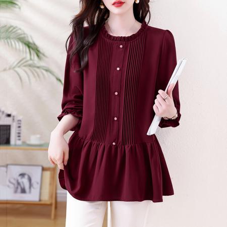 FA46802# 大码女装秋季新款胖MM复古木耳边加肥加大减龄遮肚子长袖上衣 服裝批發女裝批發服飾貨源