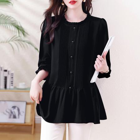 FA46802# 大码女装秋季新款胖MM复古木耳边加肥加大减龄遮肚子长袖上衣 服裝批發女裝批發服飾貨源