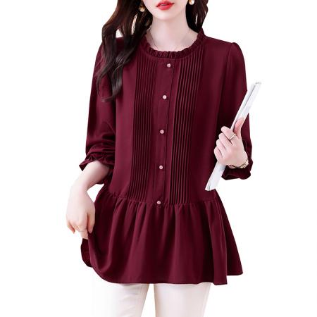 FA46802# 大码女装秋季新款胖MM复古木耳边加肥加大减龄遮肚子长袖上衣 服裝批發女裝批發服飾貨源