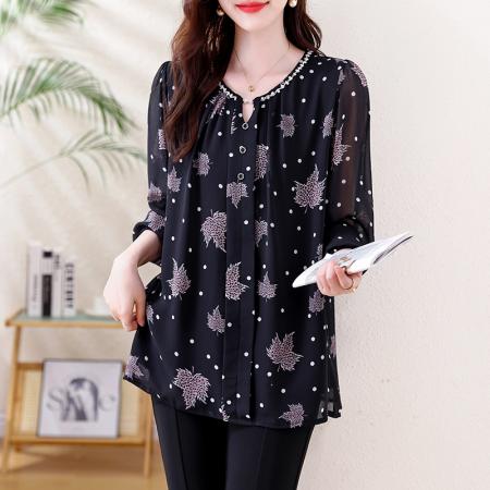 FA46803# 大码女装宽松新款洋气胖MM轻奢高端重工钉钻百搭遮肉遮肚雪纺上衣 服裝批發女裝批發服飾貨源