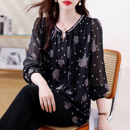 FA46803# 大码女装宽松新款洋气胖MM轻奢高端重工钉钻百搭遮肉遮肚雪纺上衣 服裝批發女裝批發服飾貨源