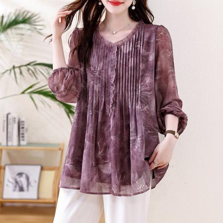 FA46804# 大码女装胖MM长袖压褶雪纺衫春秋新款宽松显瘦洋气百搭上衣 服裝批發女裝批發服飾貨源