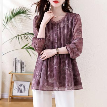 FA46804# 大码女装胖MM长袖压褶雪纺衫春秋新款宽松显瘦洋气百搭上衣 服裝批發女裝批發服飾貨源